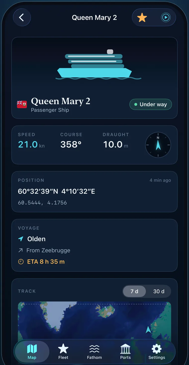 Shipdeck ship page for Queen Mary 2 with live position, course and voyage details